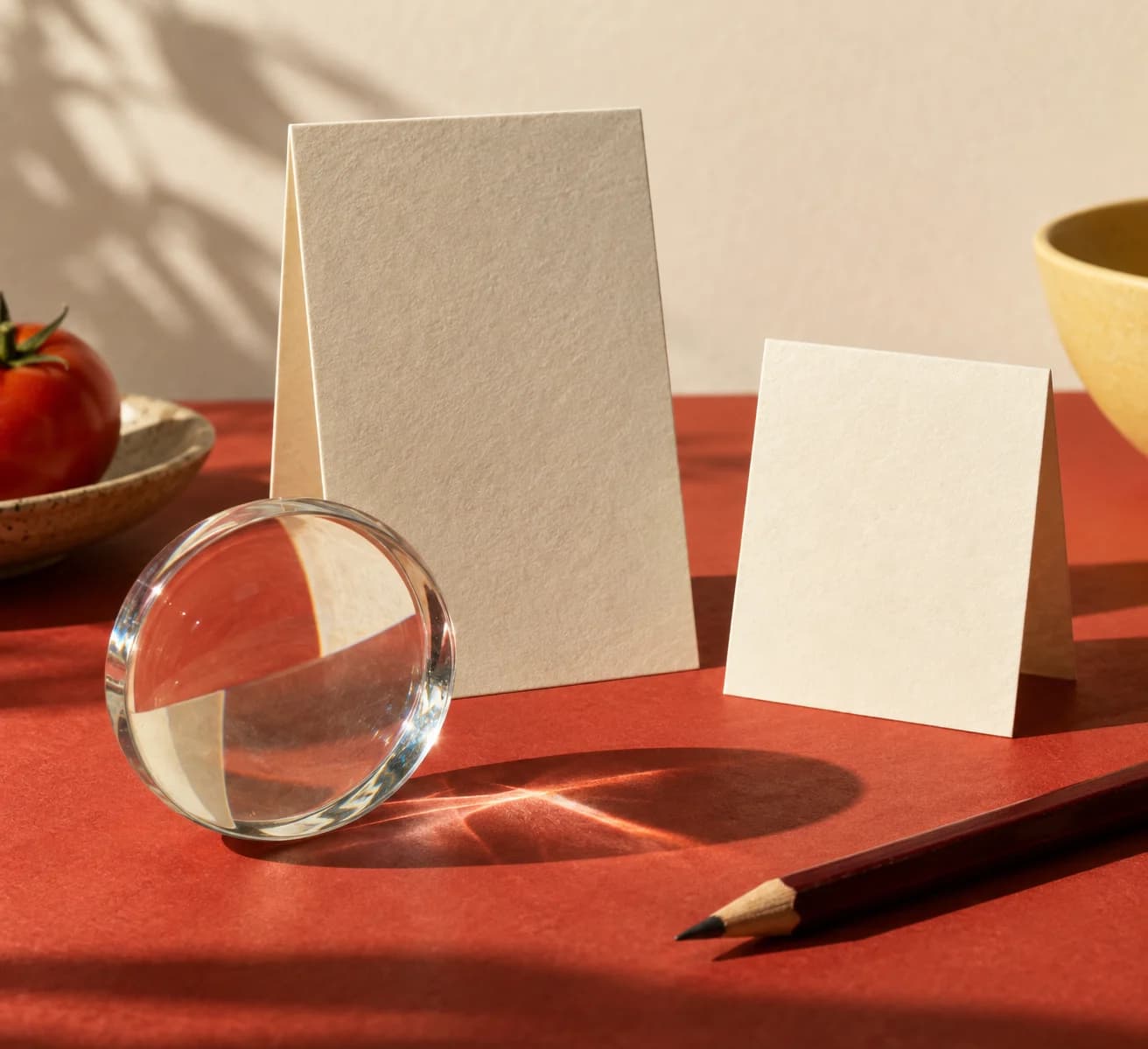 Two paper cards and a glass lens on a sunlit red tabletop.