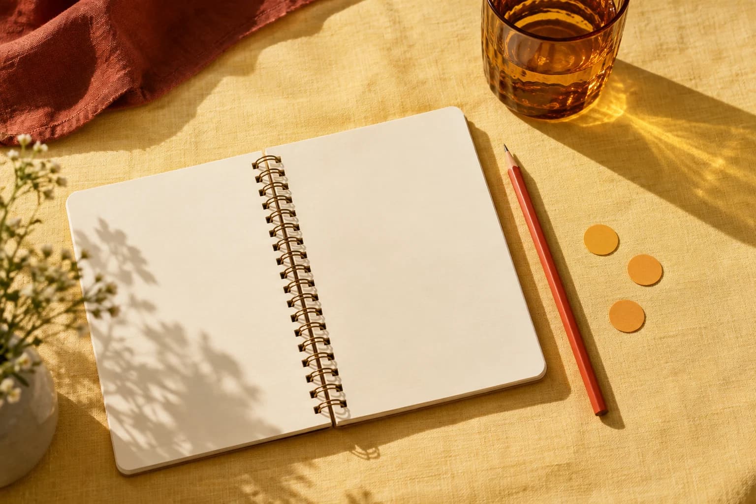 An open notebook and pencil on a sunlit table.
